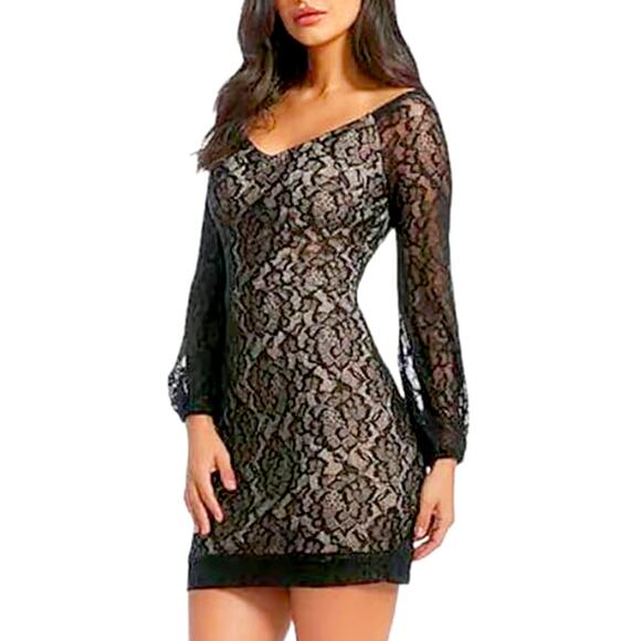 Dress the Population Black Lace Long Sleeve‎ Bodycon Cocktail Mini Dress Small - Picture 1 of 9
